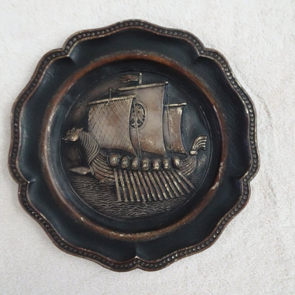Vintage Embossed Pewter Plate Spain Ship Vikings Decor Gift Nautical 8.5 Inches